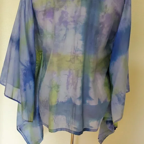 NEW Silk Caftan Kaftan top batwing shirt resort S M L XL green blue painted dyed - Picture 2 of 8